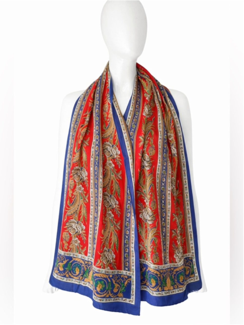Adrienne Vittadini Silk Scarf Red Blue Baroque Floral Print Long